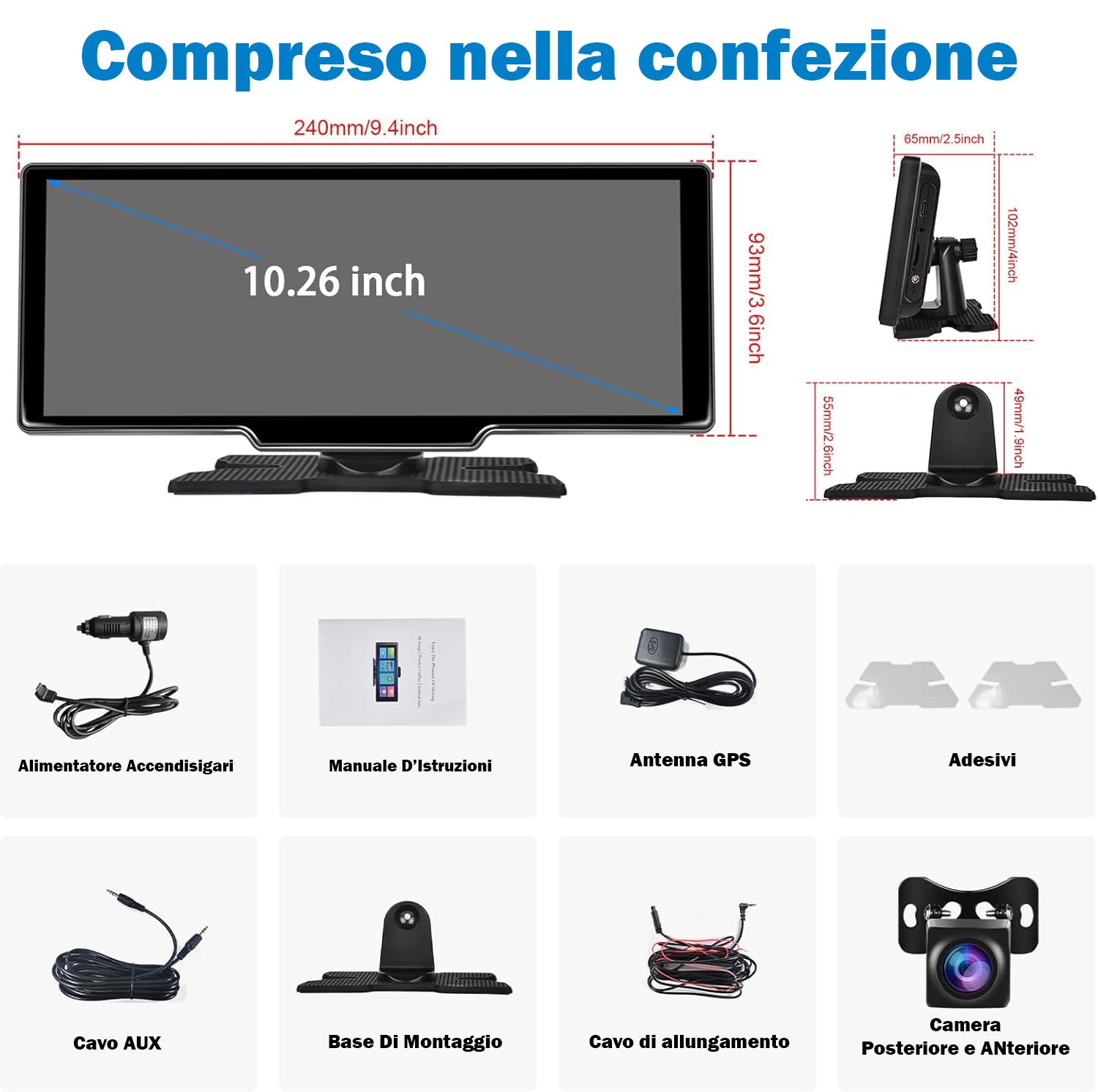 Stereo auto wireless, Apple Carplay și Android Auto, ecran tactil, 10,26 inch, monitor portabil 7-32V, cu Apple Airplay/asistent vocal/Bluetooth/transmițător FM/card AUX/TF