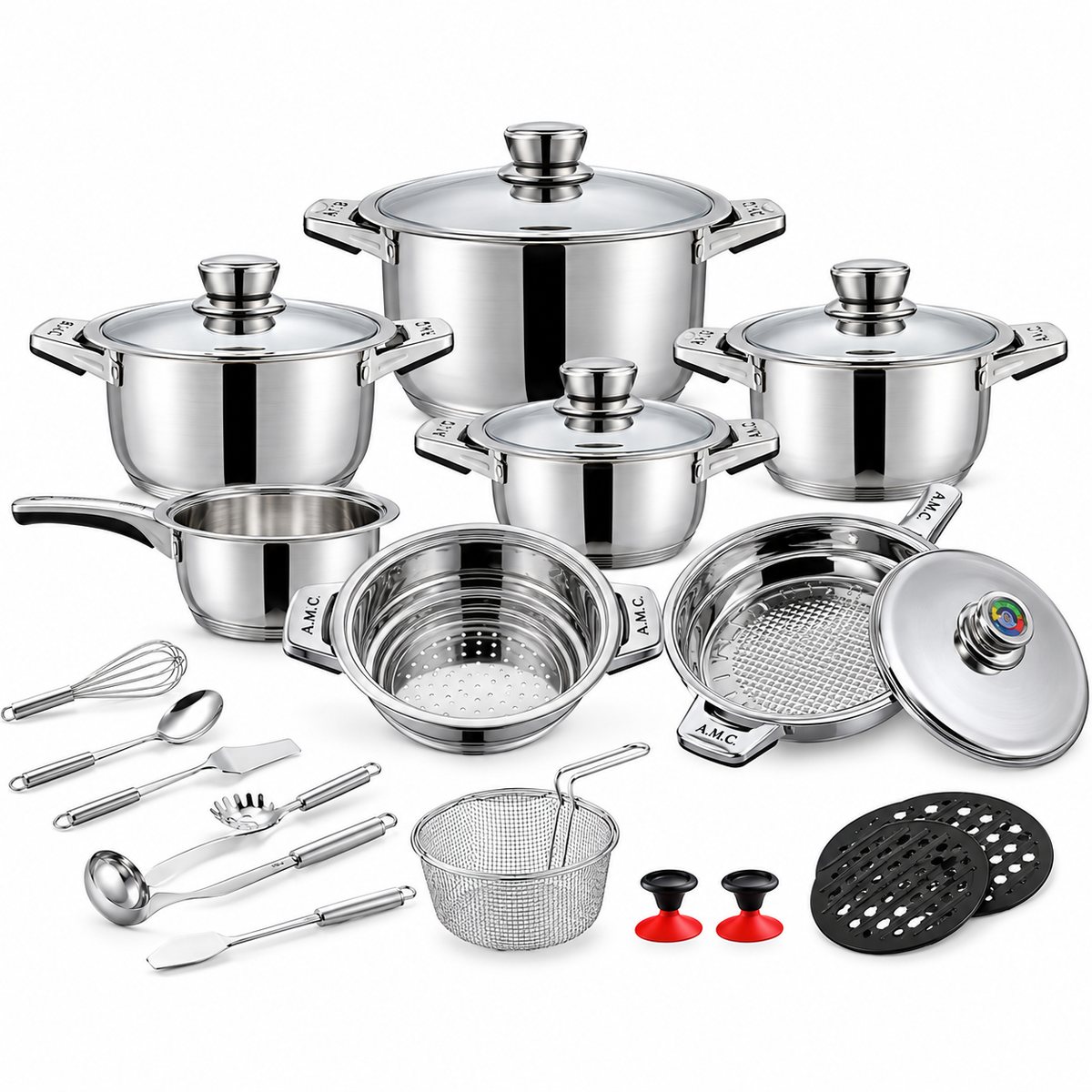Set Pentole 25 Pezzi in Acciaio Inox con Manopola Termometro – Induzione | Casseruole, Friggitrice, Scolapasta e Accessori