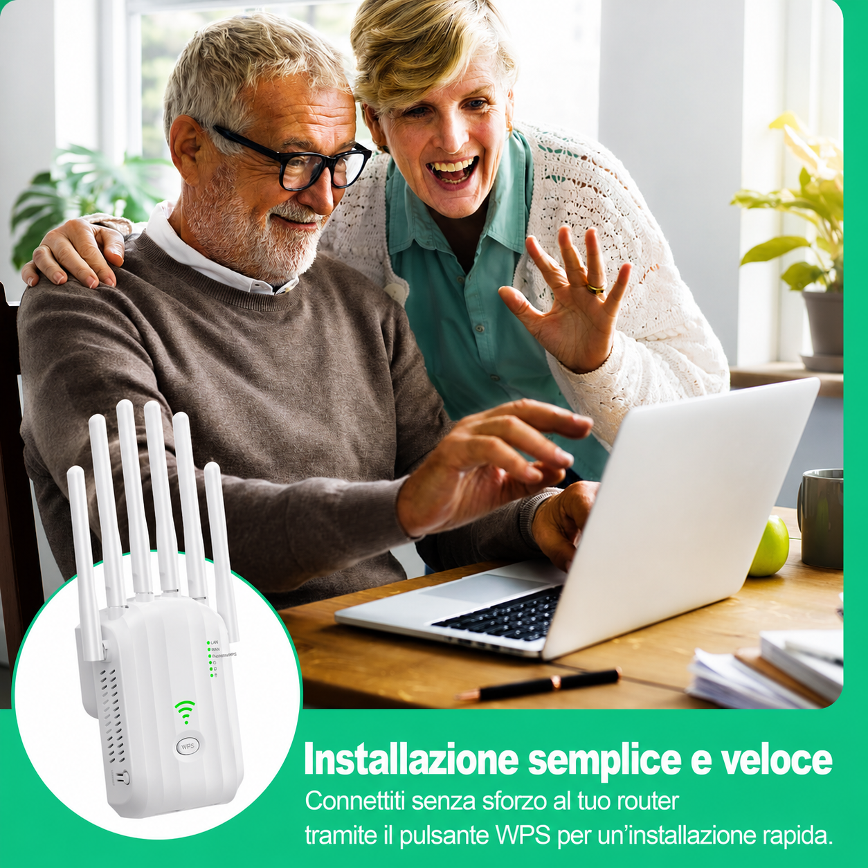 Ripetitore WiFi 6 Antenne con 2 Porte LAN Gigabit – Amplificatore WiFi 300Mbps – Copertura fino a 1700m² – 55 Dispositivi – Modalità Repeater/Access Point – WPS – Plug & Play