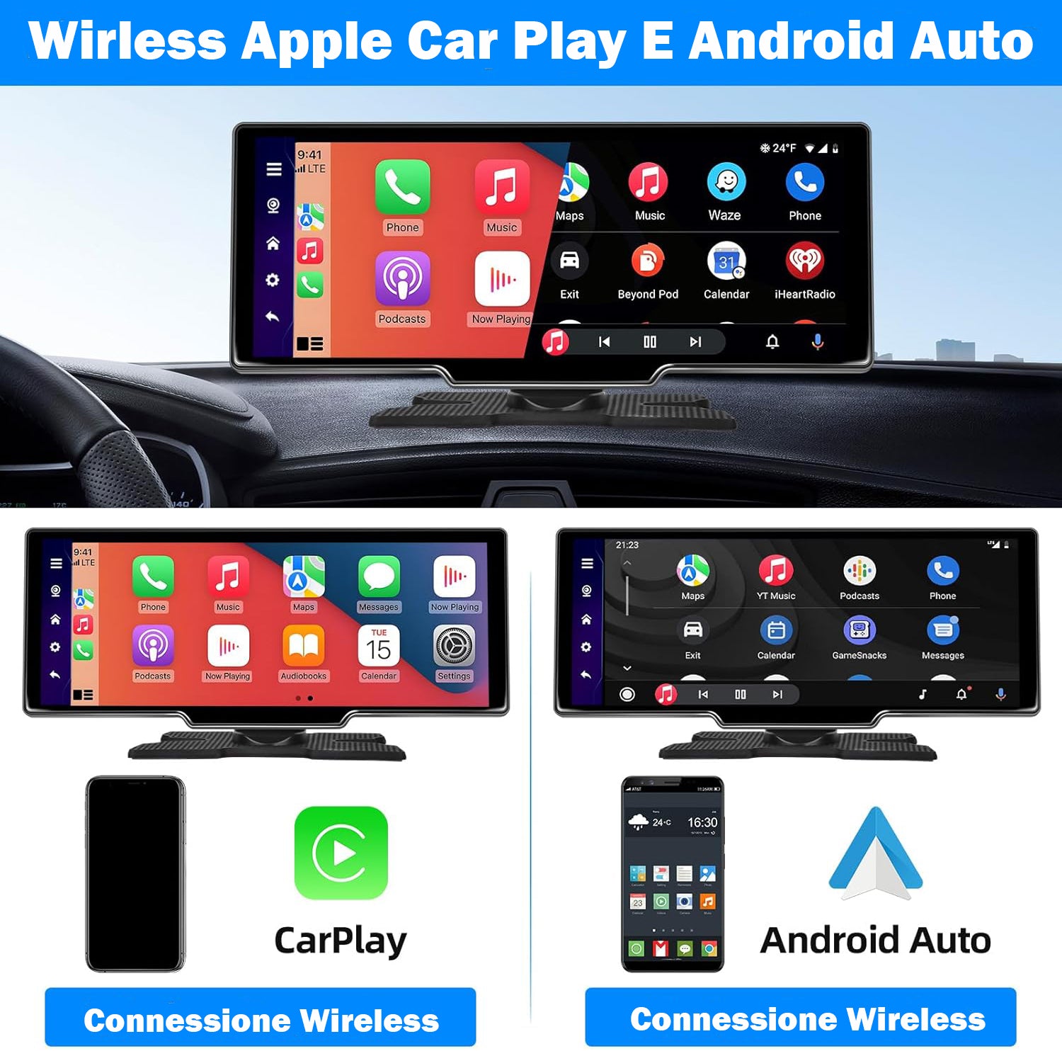 Autoradio Wireless Apple Carplay & Android Auto Tocuchscreen 10,26 Pollici Portatile ,7-32V Monitor con A-pple Airplay/Assistente Vocale/Bluetooth/Trasmettitore FM/AUX/TF Card