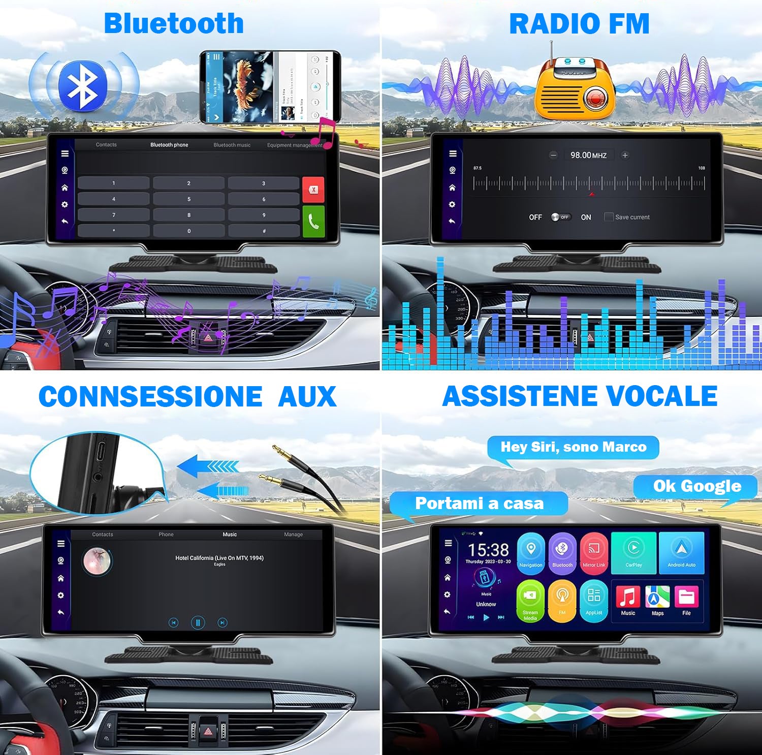 Autoradio Wireless Apple Carplay & Android Auto Tocuchscreen 10,26 Pollici Portatile ,7-32V Monitor con A-pple Airplay/Assistente Vocale/Bluetooth/Trasmettitore FM/AUX/TF Card