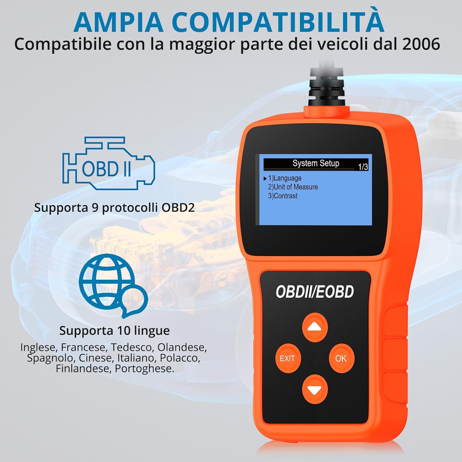 Tester de scaner, dispozitiv de diagnosticare auto OBD2 OBDII, scaner de coduri DTC, instrument de diagnosticare auto multilingvă