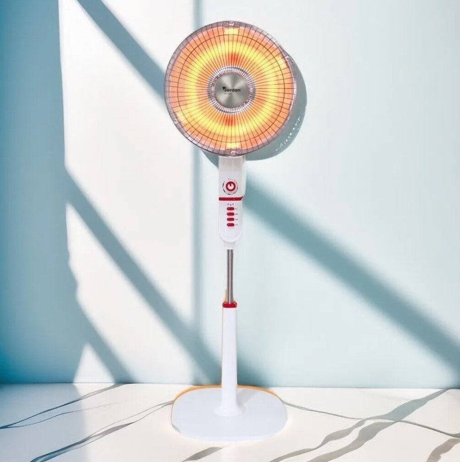 Încălzitor electric parabolic oscilant de 1000 W, diametru 40 cm, încălzitor din carbon, 2 niveluri de putere (500/1000 W), mâner, înclinabil, temporizator, sistem anti-răsturnare, culoare albă