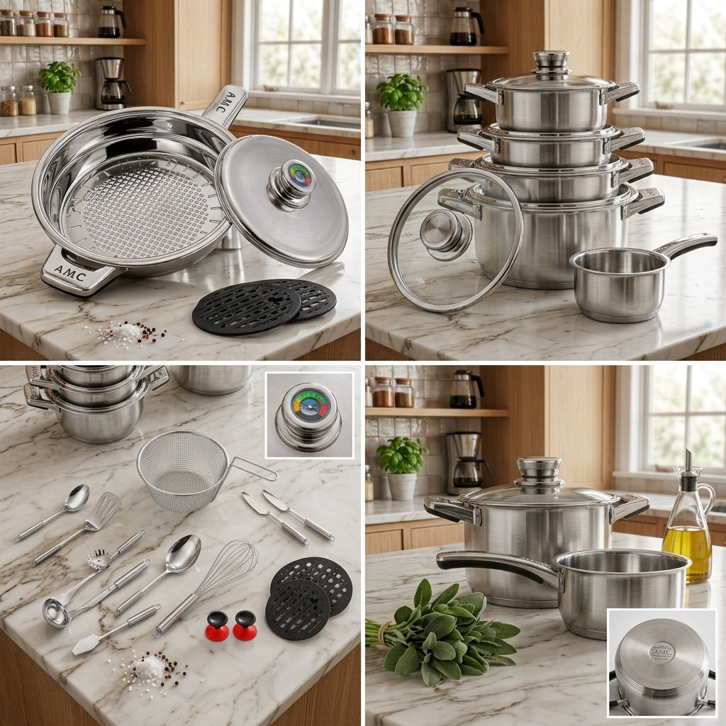 Set Pentole 25 Pezzi in Acciaio Inox con Manopola Termometro – Induzione | Casseruole, Friggitrice, Scolapasta e Accessori