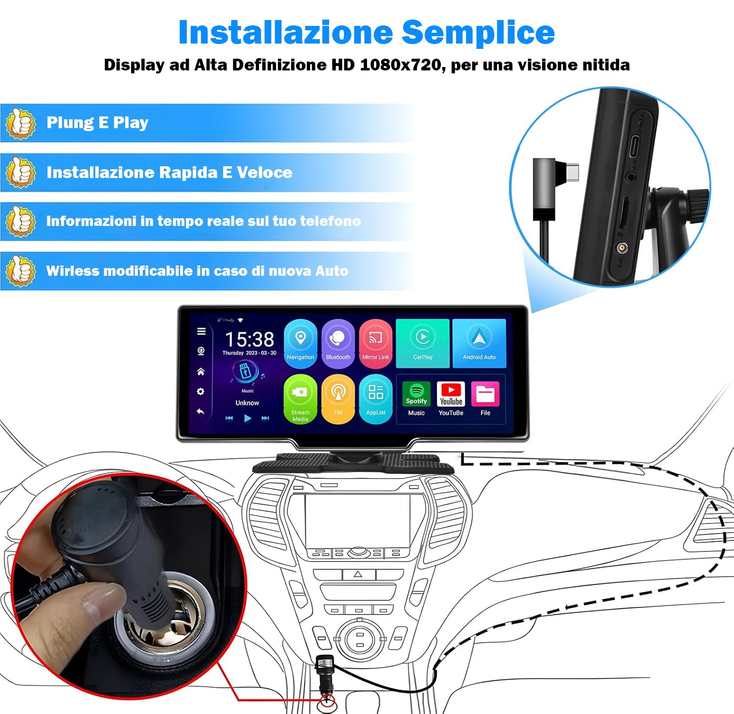 Stereo auto wireless, Apple Carplay și Android Auto, ecran tactil, 10,26 inch, monitor portabil 7-32V, cu Apple Airplay/asistent vocal/Bluetooth/transmițător FM/card AUX/TF