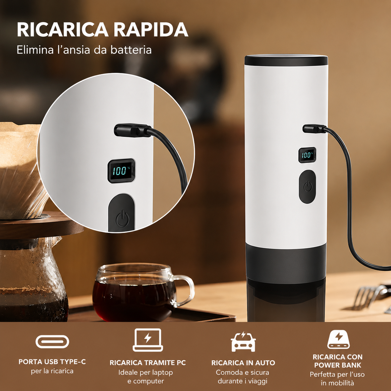 Macchina Caffè Portatile 3 in 1 Wireless, Pressione 15 Bar Espresso, Compatibile Capsule Grandi/Piccole e Macinato, Batteria 2600mAh USB-C, Ricarica Auto e Viaggio, 120ml