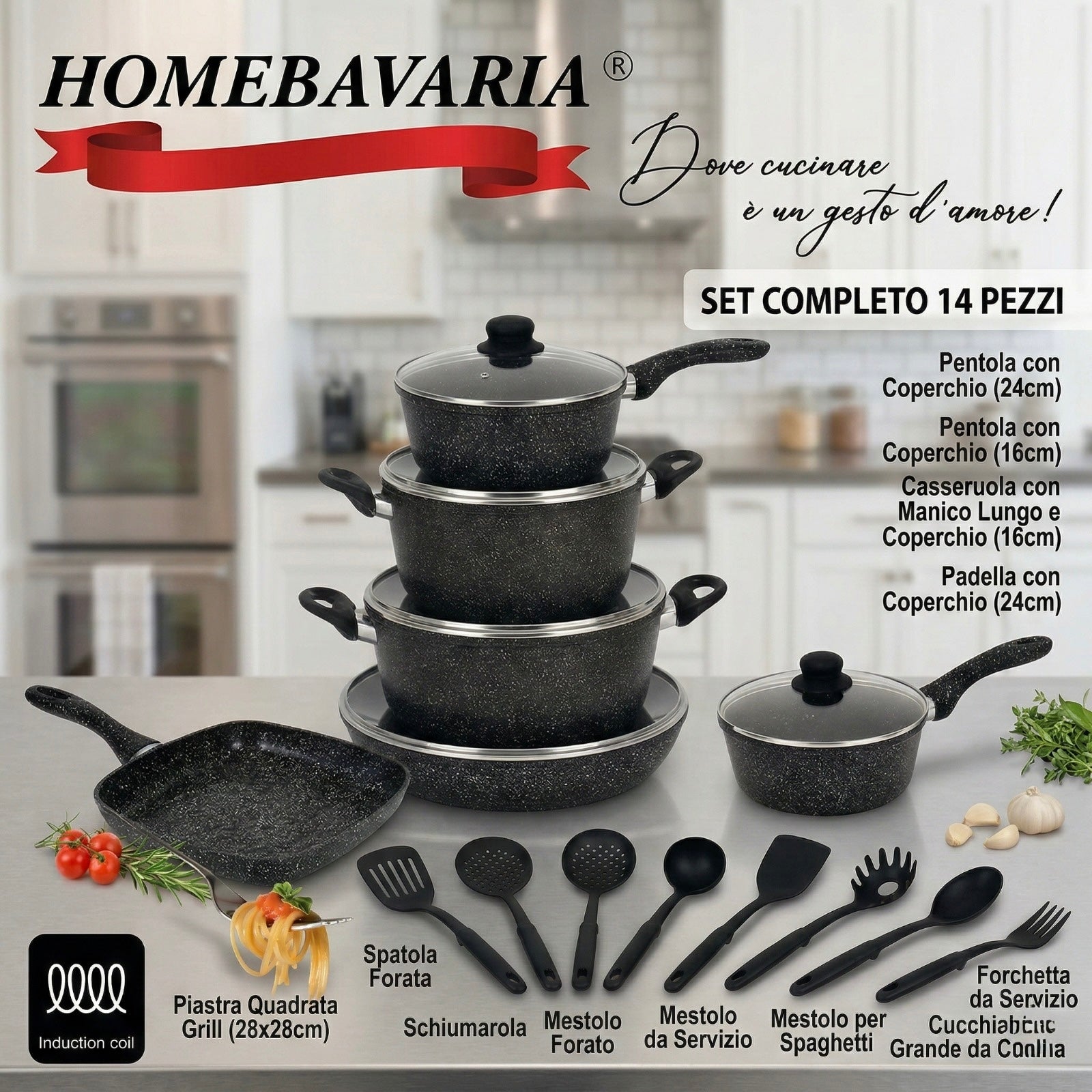 Set Cucina Professionale – 14 Pezzi Effetto Pietra Antigraffio Induzione