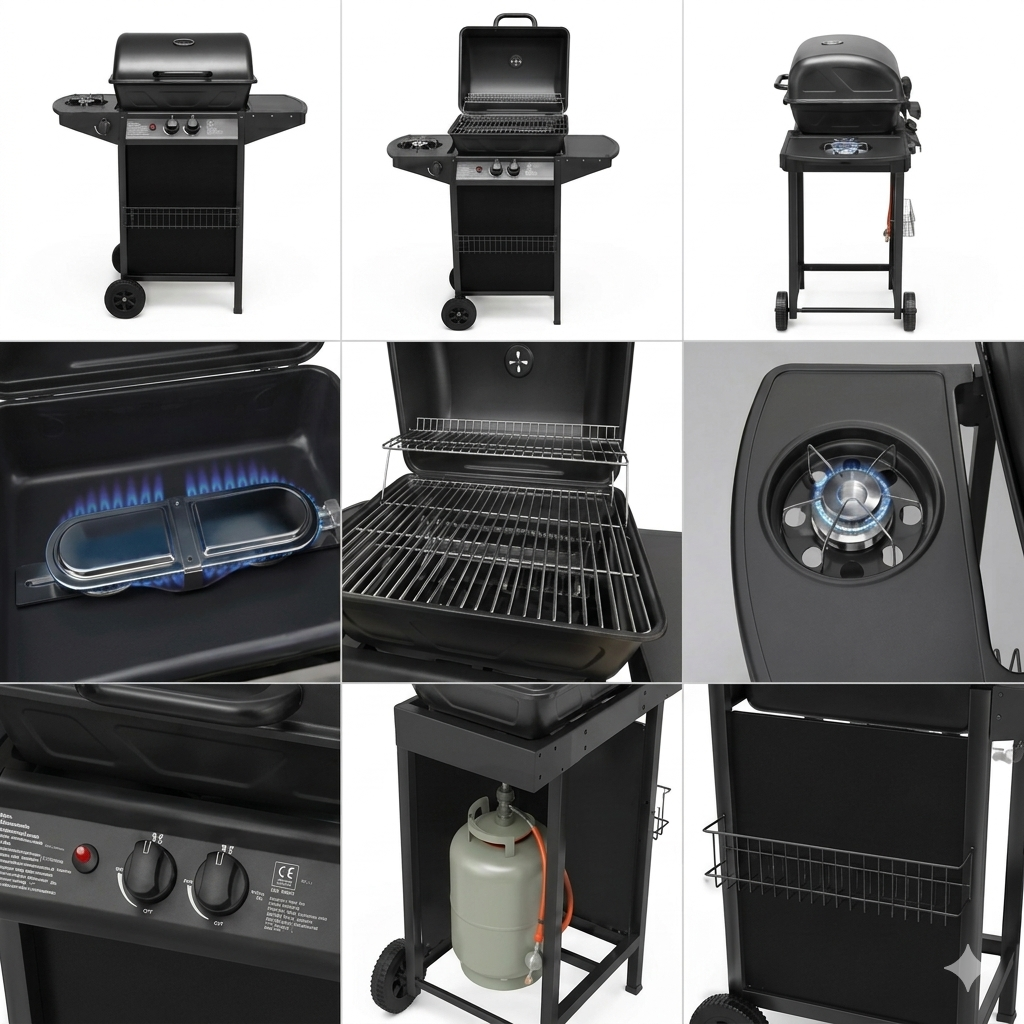 Barbecue A Gas, Grill Pietra Portatile Con Termometro, Fornello Laterale, E Ruote