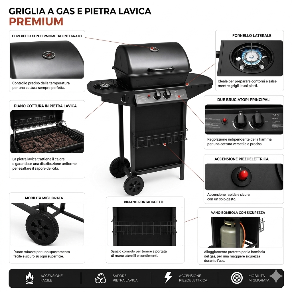 Barbecue A Gas, Grill Pietra Portatile Con Termometro, Fornello Laterale, E Ruote