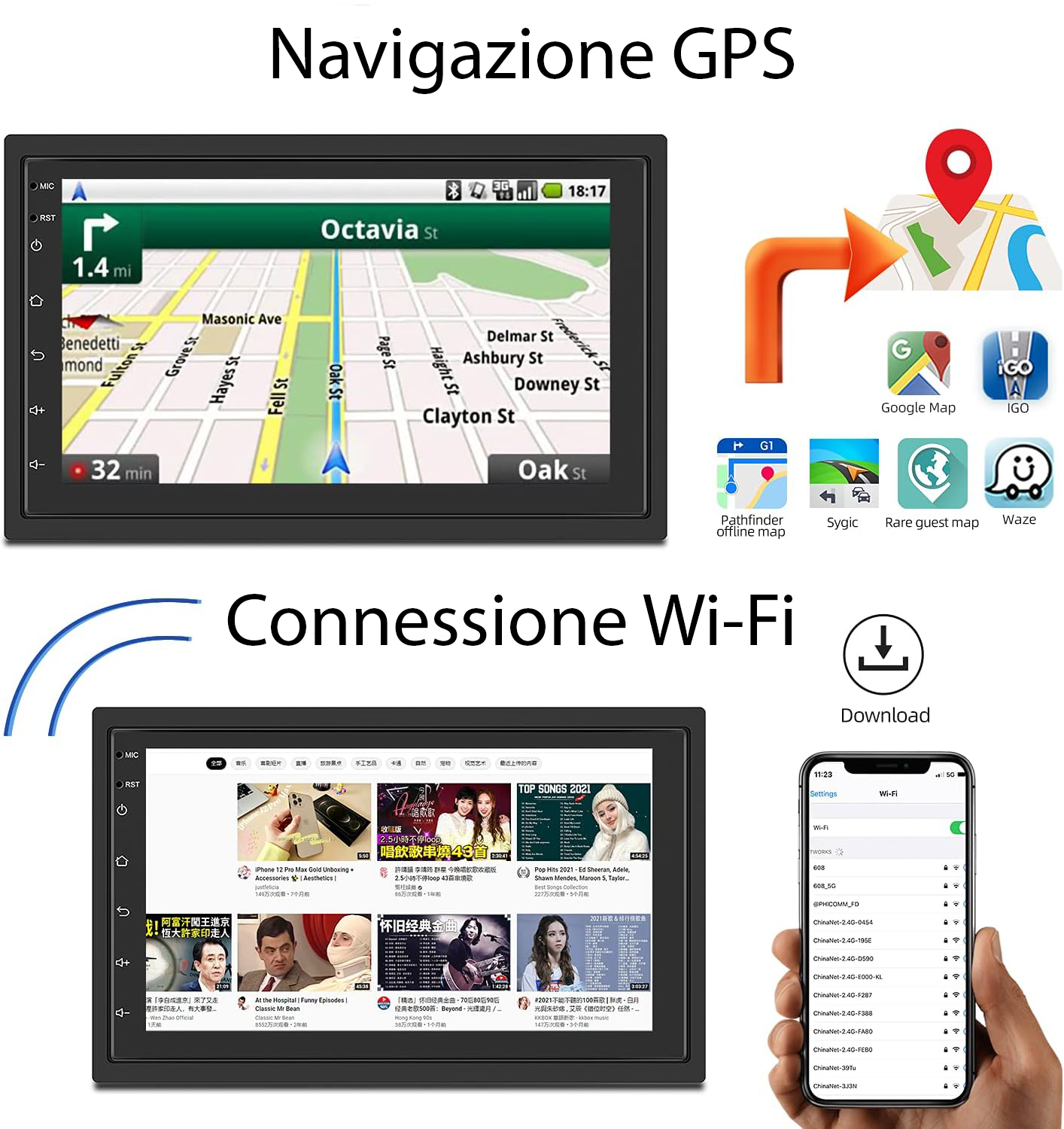 Radio auto 2 DIN cu Bluetooth, GPS/WiFi/FM, ecran tactil de 7" cu CarPlay - Android Auto