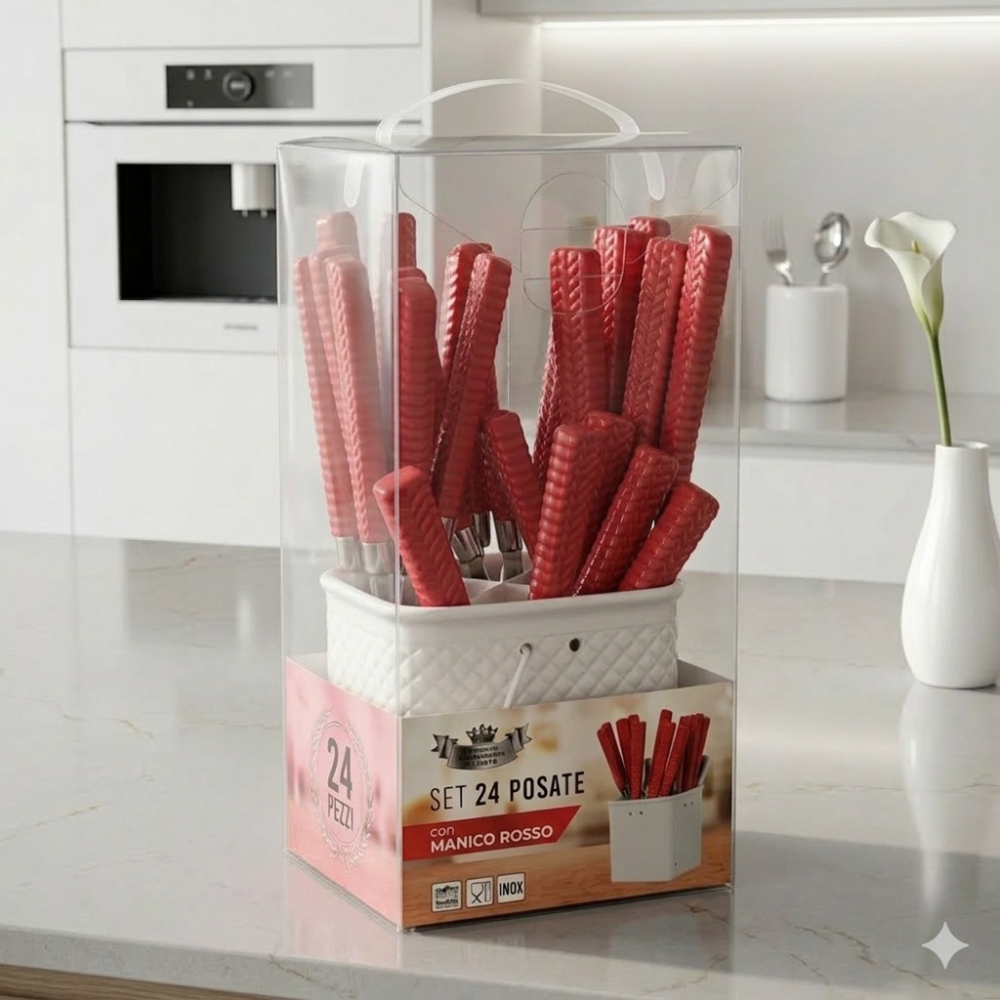 Set 24 Posate in Acciaio Inox con Manici Rosa Texturizzati Square