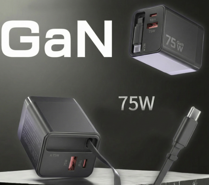 Caricatore Rapido 75W con Cavo Type-C Retrattile 80cm e Doppia Porta USB / Type-C