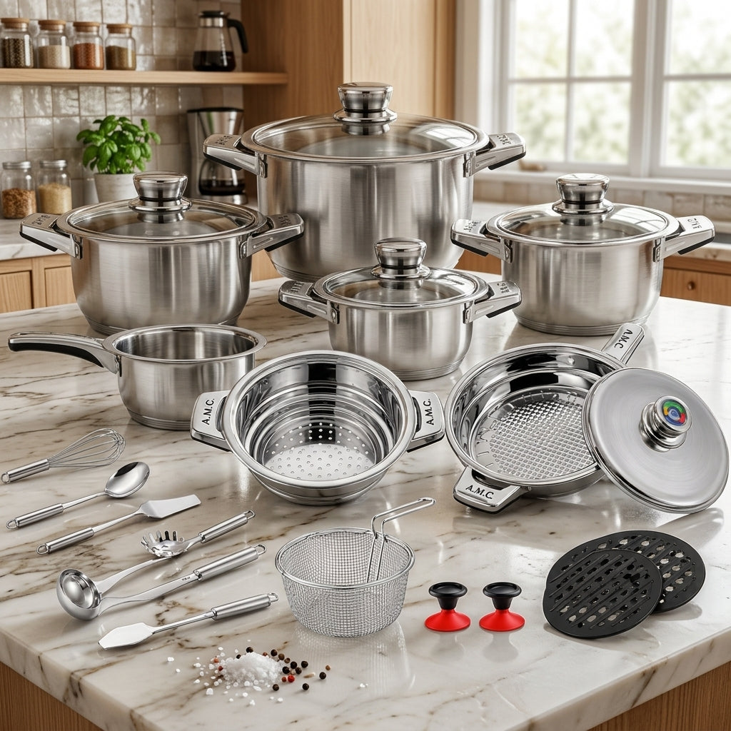 Set Pentole 25 Pezzi in Acciaio Inox con Manopola Termometro – Induzione | Casseruole, Friggitrice, Scolapasta e Accessori