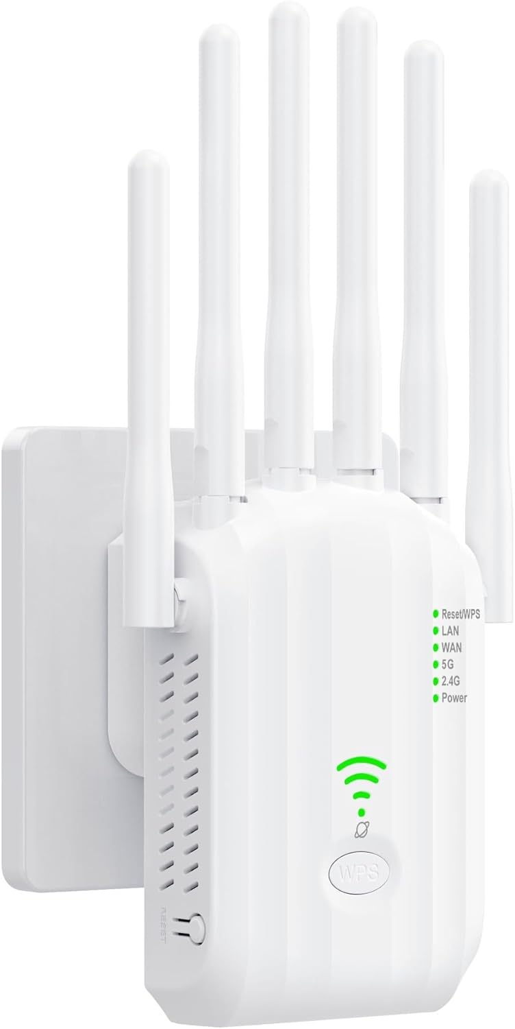 Ripetitore WiFi 6 Antenne con 2 Porte LAN Gigabit – Amplificatore WiFi 300Mbps – Copertura fino a 1700m² – 55 Dispositivi – Modalità Repeater/Access Point – WPS – Plug & Play
