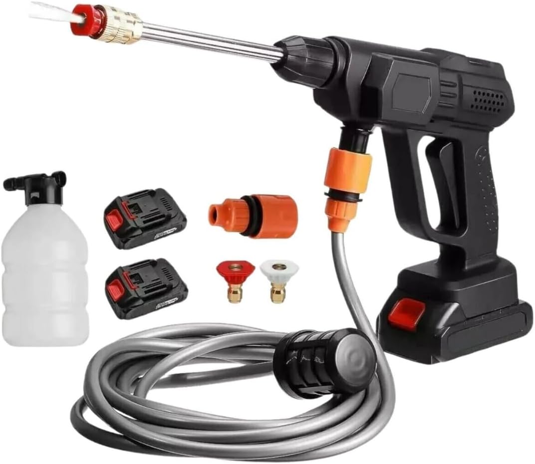 Pistol de spălat cu presiune portabil fără fir cu accesorii, 2 baterii reîncărcabile, aparat de spălat cu presiune pentru spălarea mașinilor, grădinilor, scărilor, piscinelor, mobilierului de exterior