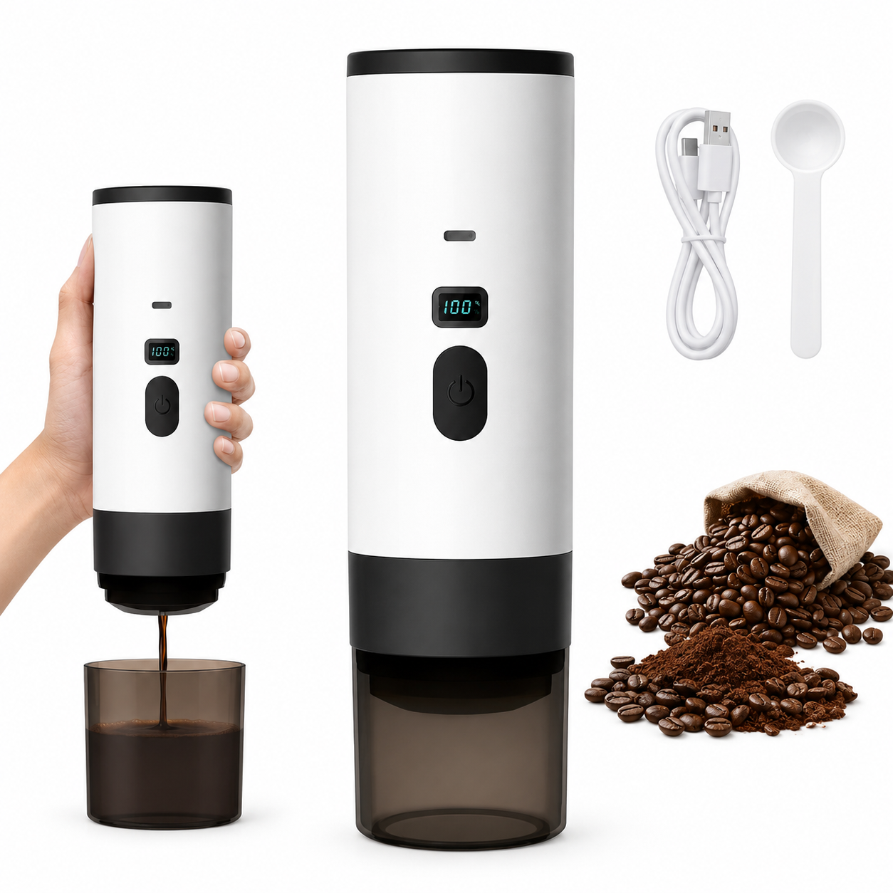 Macchina Caffè Portatile 3 in 1 Wireless, Pressione 15 Bar Espresso, Compatibile Capsule Grandi/Piccole e Macinato, Batteria 2600mAh USB-C, Ricarica Auto e Viaggio, 120ml