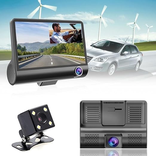 Dash Cam Auto 3 Canali Full HD 1080P – Telecamera Anteriore, Interna e Posteriore con Schermo 4" – Visione Notturna, Loop Recording, G-Sensor, Parking Mode, Visualizzazione Retromarcia