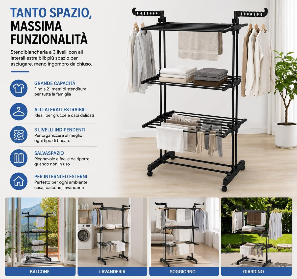 Stendibiancheria Verticale 4 Livelli Pieghevole con Ruote – Acciaio Inox 64x126x170 cm | Salvaspazio, Interno ed Esterno