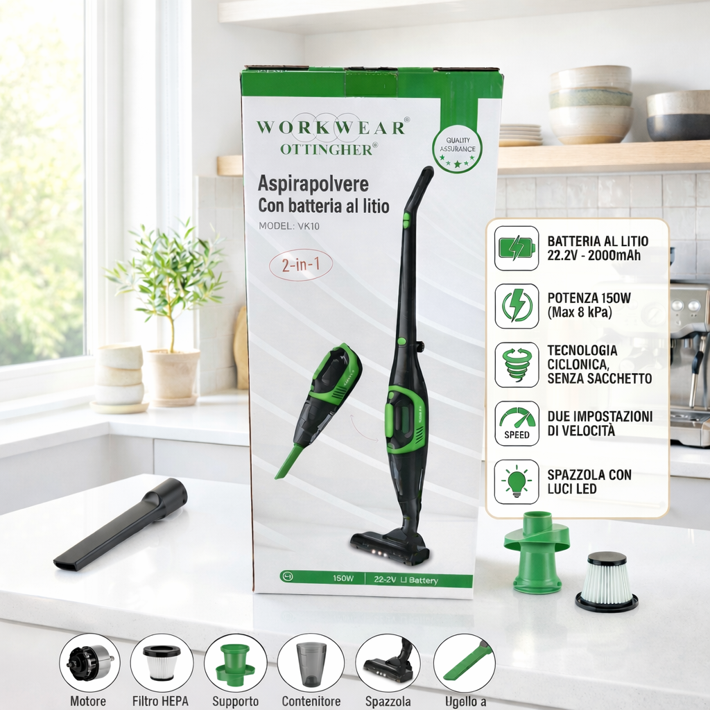 Aspirapolvere Scopa Workwear® Senza Fili 2 in 1 – Aspirapolvere Ricaricabile a Batteria Litio con Tecnologia Ciclonica, Spazzola Motorizzata LED, Testa Rotabile 180°, Senza Sacco – 150W