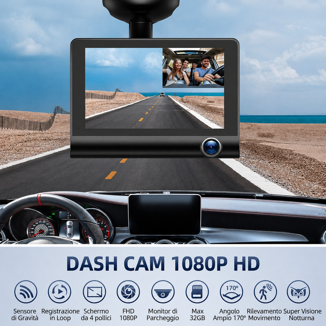 Dash Cam Auto 3 Canali Full HD 1080P – Telecamera Anteriore, Interna e Posteriore con Schermo 4" – Visione Notturna, Loop Recording, G-Sensor, Parking Mode, Visualizzazione Retromarcia