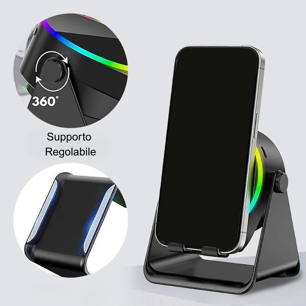 Supporto Bluetooth 4-in-1 Rotante a 360° con Speaker Induttivo