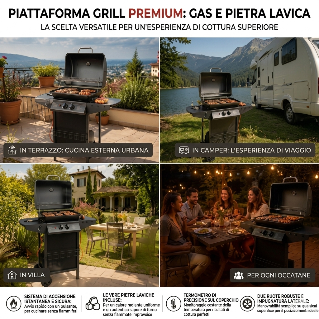 Barbecue A Gas, Grill Pietra Portatile Con Termometro, Fornello Laterale, E Ruote