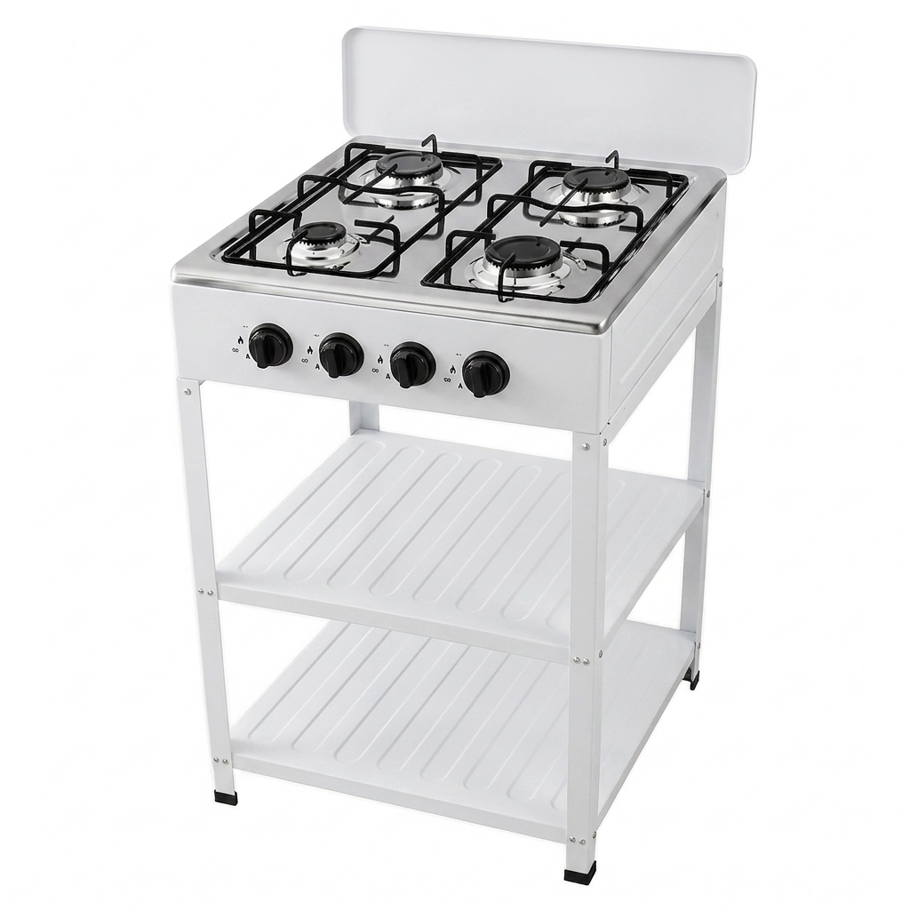 Fornello a Gas 4 Fuochi GPL con Supporto in Acciaio 2 Ripiani – Piano Cottura Portatile da Esterno con Accensione Piezoelettrica – Giardino, Campeggio, Sagre