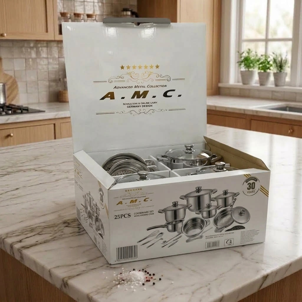 Set Pentole 25 Pezzi in Acciaio Inox con Manopola Termometro – Induzione | Casseruole, Friggitrice, Scolapasta e Accessori