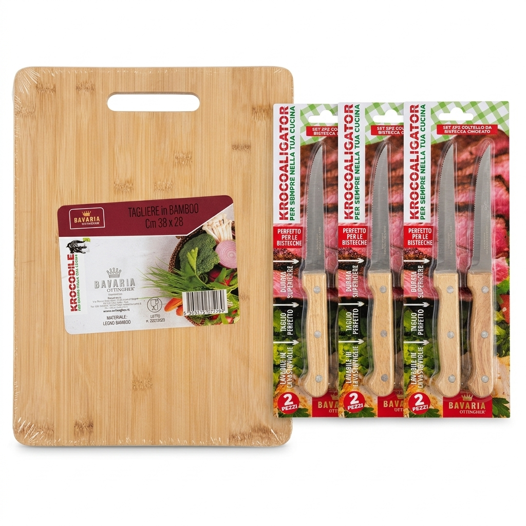 Set Batteria Cucina Completa 24 Pezzi Bavaria Ottingher - Pentole Padelle Pietra Lavica Antiaderente Induzione con Bistecchiera, Coltelli, Mestoli e Tagliere
