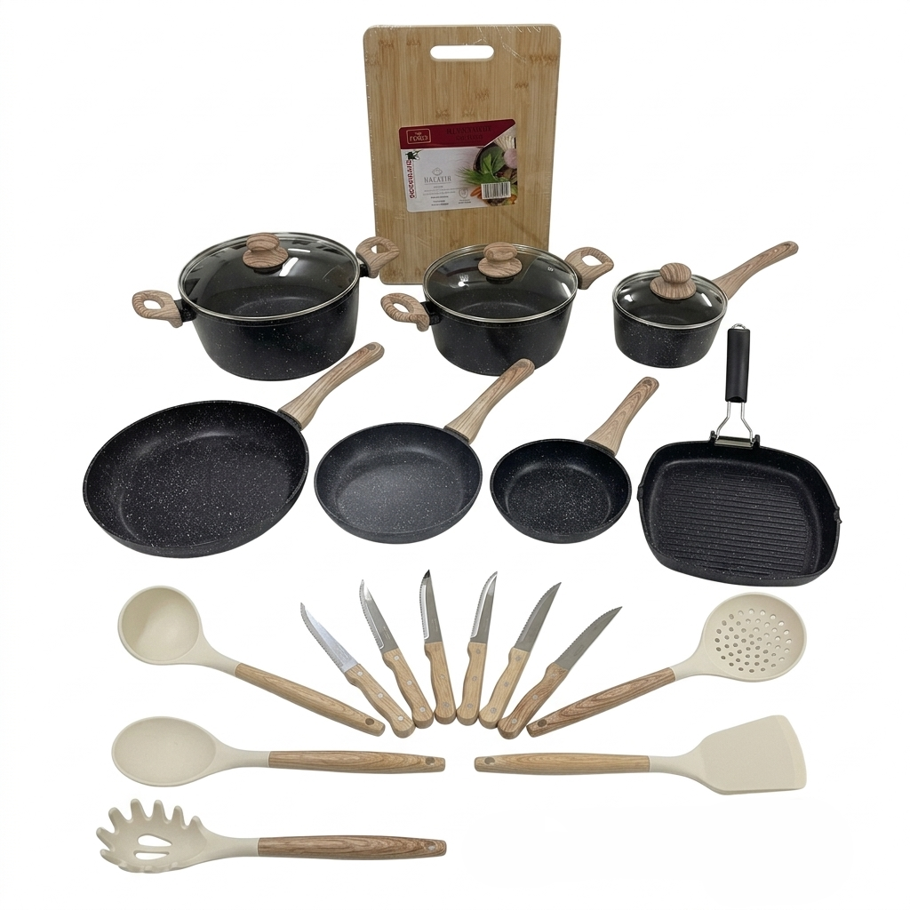 Set Batteria Cucina Completa 24 Pezzi Bavaria Ottingher - Pentole Padelle Pietra Lavica Antiaderente Induzione con Bistecchiera, Coltelli, Mestoli e Tagliere