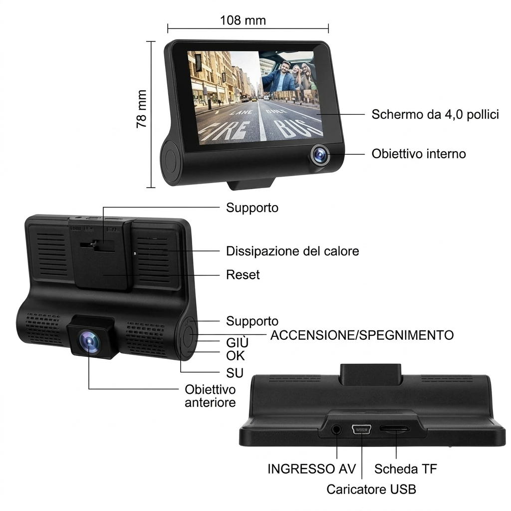 Dash Cam Auto 3 Canali Full HD 1080P – Telecamera Anteriore, Interna e Posteriore con Schermo 4" – Visione Notturna, Loop Recording, G-Sensor, Parking Mode, Visualizzazione Retromarcia