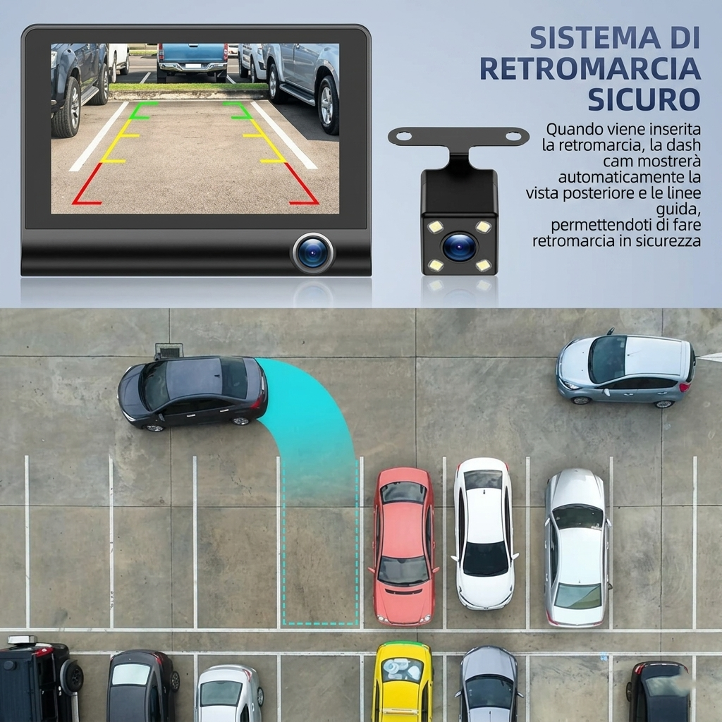 Dash Cam Auto 3 Canali Full HD 1080P – Telecamera Anteriore, Interna e Posteriore con Schermo 4" – Visione Notturna, Loop Recording, G-Sensor, Parking Mode, Visualizzazione Retromarcia