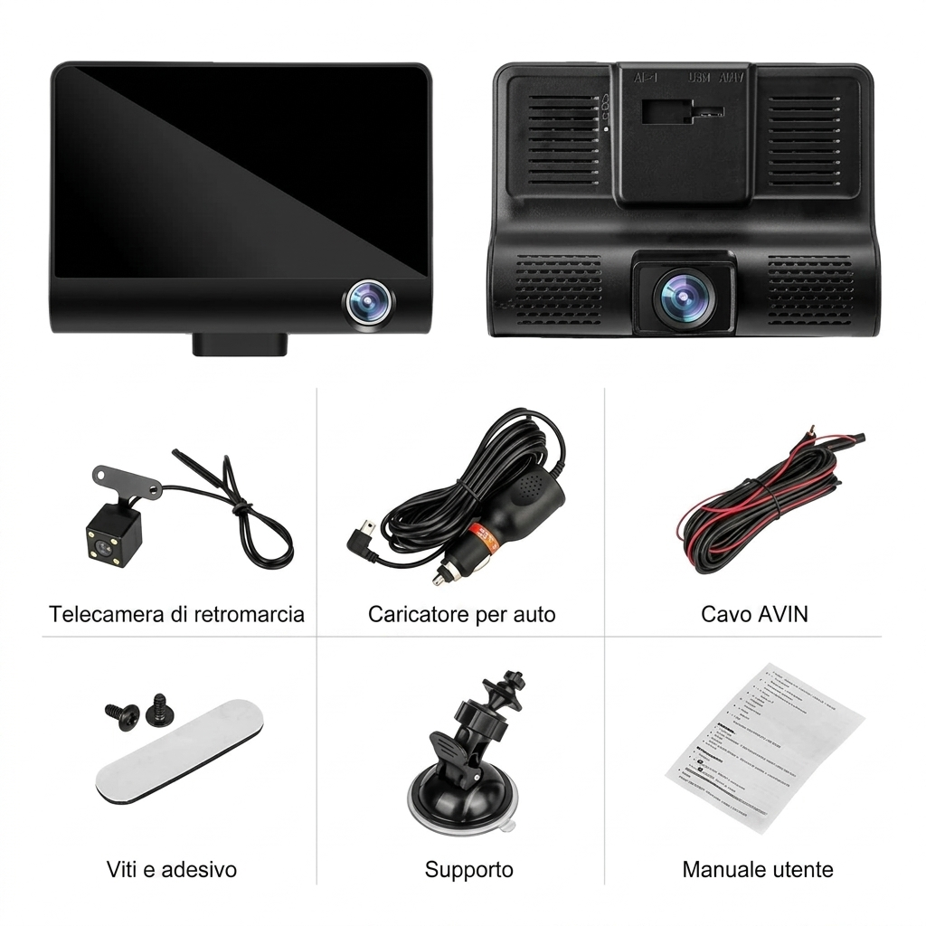 Dash Cam Auto 3 Canali Full HD 1080P – Telecamera Anteriore, Interna e Posteriore con Schermo 4" – Visione Notturna, Loop Recording, G-Sensor, Parking Mode, Visualizzazione Retromarcia