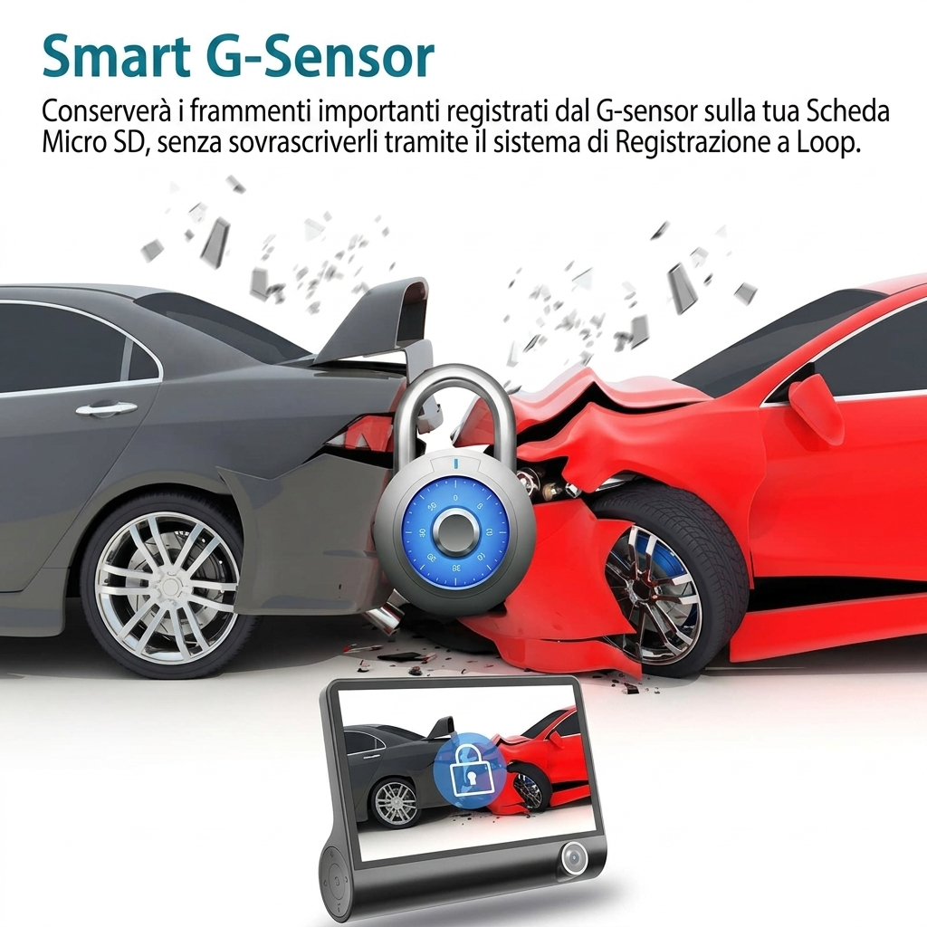 Dash Cam Auto 3 Canali Full HD 1080P – Telecamera Anteriore, Interna e Posteriore con Schermo 4" – Visione Notturna, Loop Recording, G-Sensor, Parking Mode, Visualizzazione Retromarcia