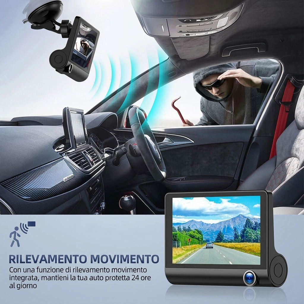 Dash Cam Auto 3 Canali Full HD 1080P – Telecamera Anteriore, Interna e Posteriore con Schermo 4" – Visione Notturna, Loop Recording, G-Sensor, Parking Mode, Visualizzazione Retromarcia