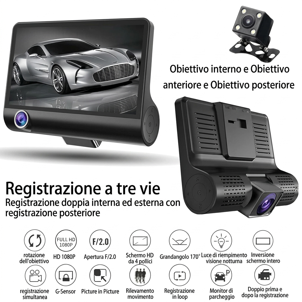 Dash Cam Auto 3 Canali Full HD 1080P – Telecamera Anteriore, Interna e Posteriore con Schermo 4" – Visione Notturna, Loop Recording, G-Sensor, Parking Mode, Visualizzazione Retromarcia