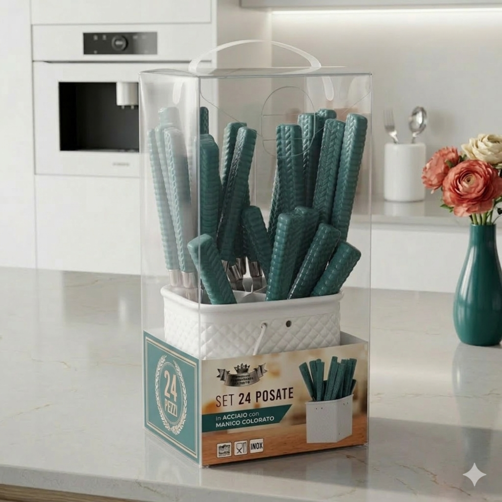 Set 24 Posate in Acciaio Inox con Manici Rosa Texturizzati Square