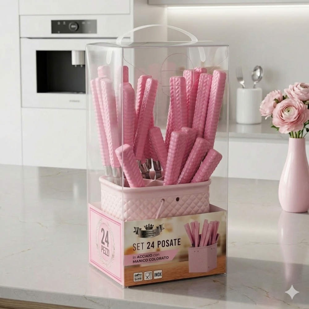 Set 24 Posate in Acciaio Inox con Manici Rosa Texturizzati Square