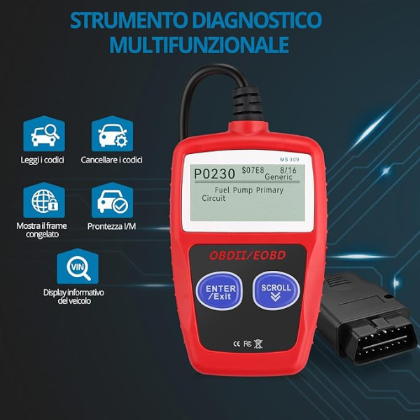 Tester OBD2 Scanner, OBDII 2 Bottoni Dispositivo Diagnostica Auto, Lettura dei codici Scanner con definizione DTC,  Multilingue Strumento Diagnostica Autoveicoli