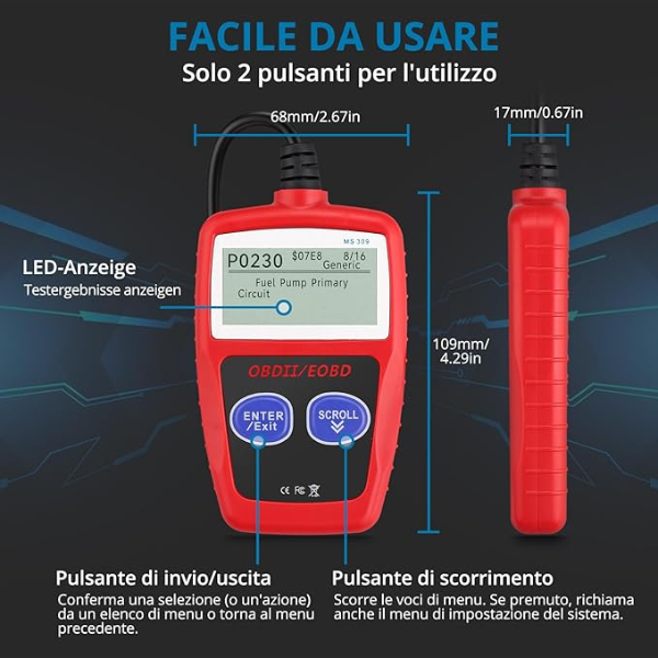 Tester OBD2 Scanner, OBDII 2 Bottoni Dispositivo Diagnostica Auto, Lettura dei codici Scanner con definizione DTC,  Multilingue Strumento Diagnostica Autoveicoli