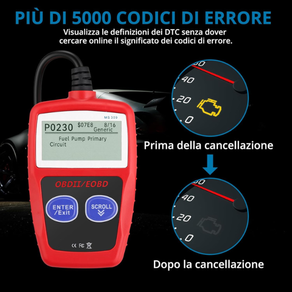 Tester OBD2 Scanner, OBDII 2 Bottoni Dispositivo Diagnostica Auto, Lettura dei codici Scanner con definizione DTC,  Multilingue Strumento Diagnostica Autoveicoli