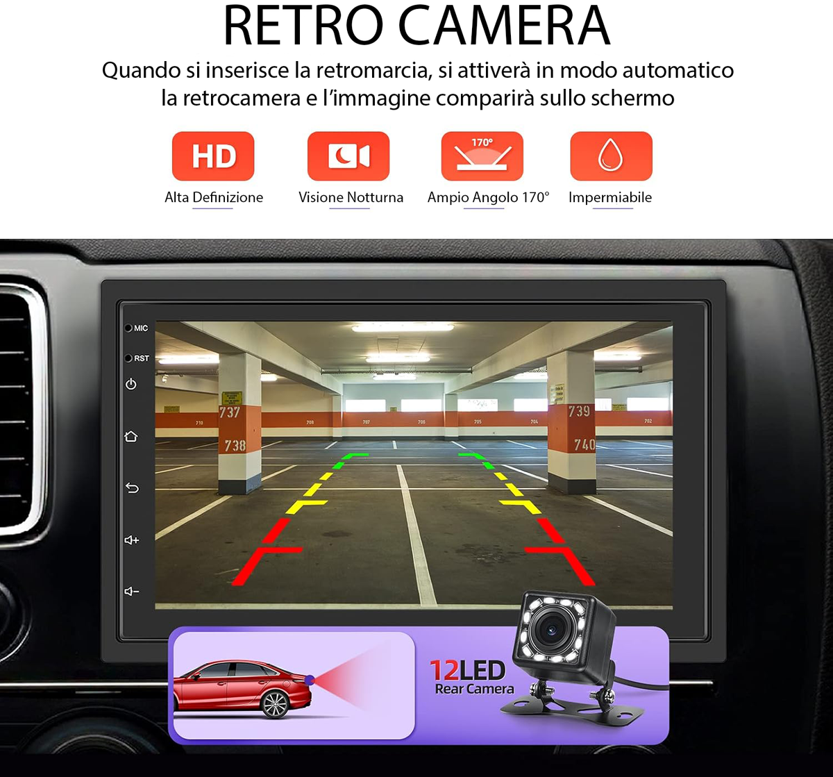 Autoradio 1 Din Rimoody Con Touchscreen 9" - Wireless Carplay, Android Auto, Bluetooth, FM, Telecamera Posteriore
