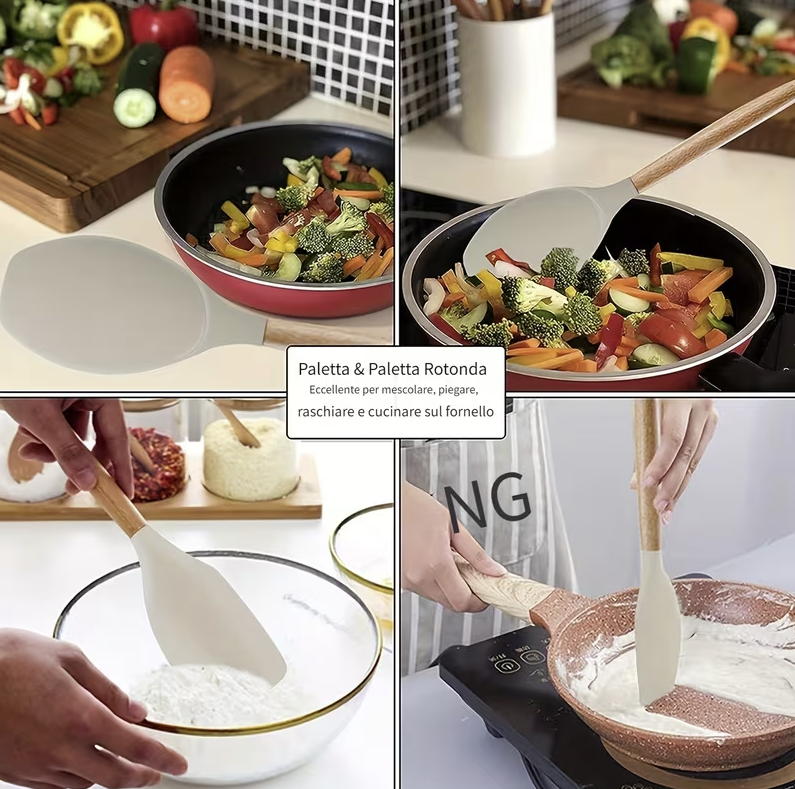 ✨ Set di 12 Utensili da Cucina in Silicone – Resistenti al Calore, con Manico in Legno 🌿