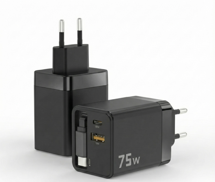 Caricatore Rapido 75W con Cavo Type-C Retrattile 80cm e Doppia Porta USB / Type-C