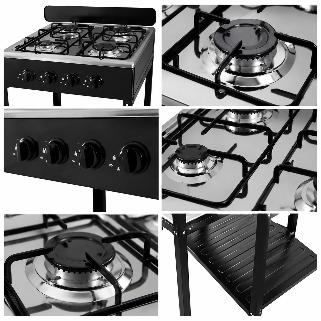Fornello a Gas 4 Fuochi GPL con Supporto in Acciaio 2 Ripiani – Piano Cottura Portatile da Esterno con Accensione Piezoelettrica – Giardino, Campeggio, Sagre