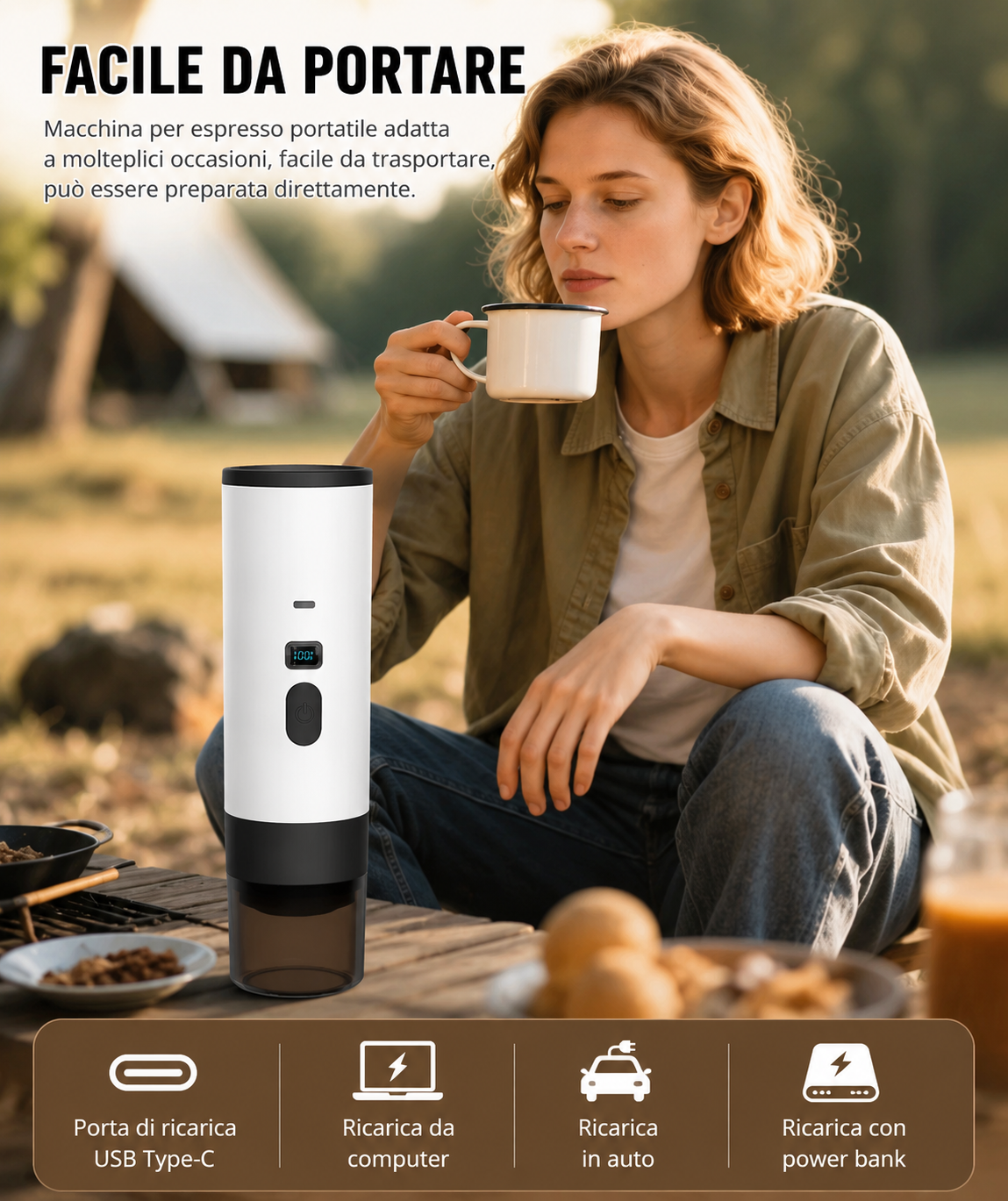 Macchina Caffè Portatile 3 in 1 Wireless, Pressione 15 Bar Espresso, Compatibile Capsule Grandi/Piccole e Macinato, Batteria 2600mAh USB-C, Ricarica Auto e Viaggio, 120ml