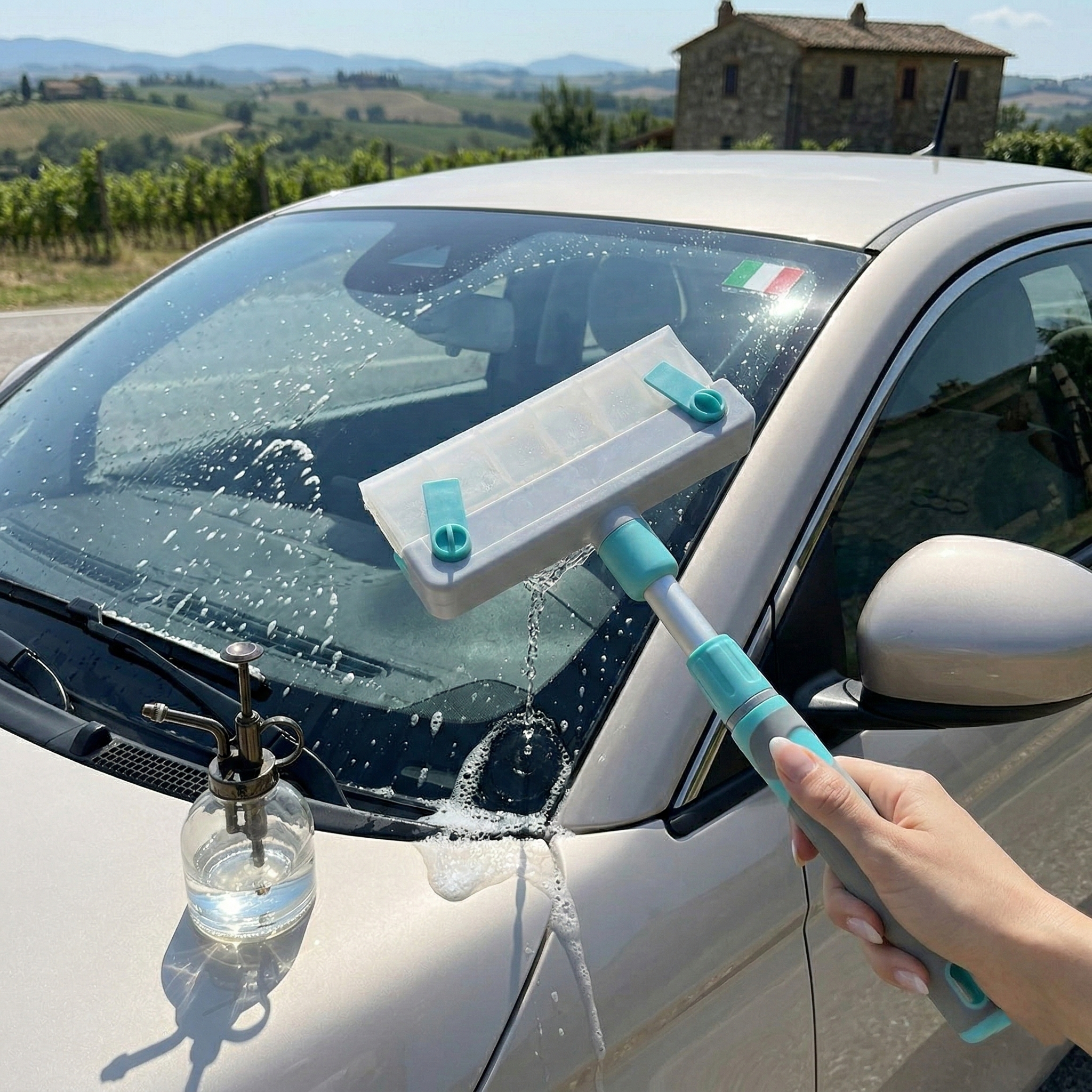 Lavavetri Professionale 2 in 1 con Manico Componibile - Panno Microfibra, Spatola Silicone Anti-Aloni e Testina Snodabile