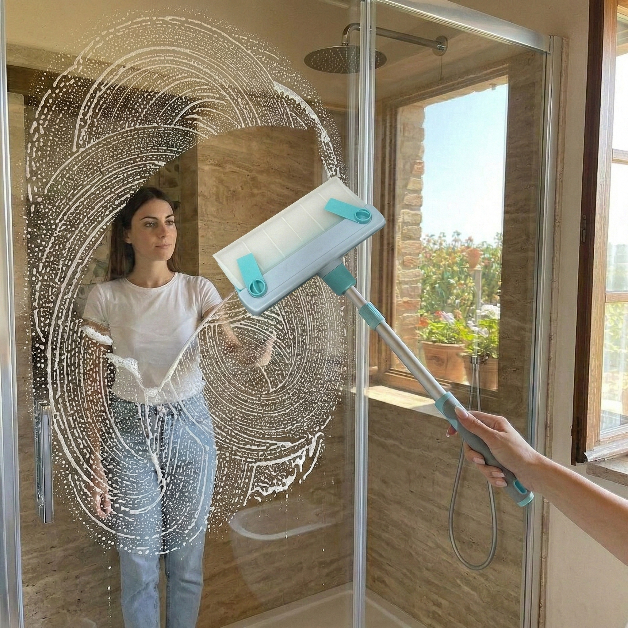 Lavavetri Professionale 2 in 1 con Manico Componibile - Panno Microfibra, Spatola Silicone Anti-Aloni e Testina Snodabile